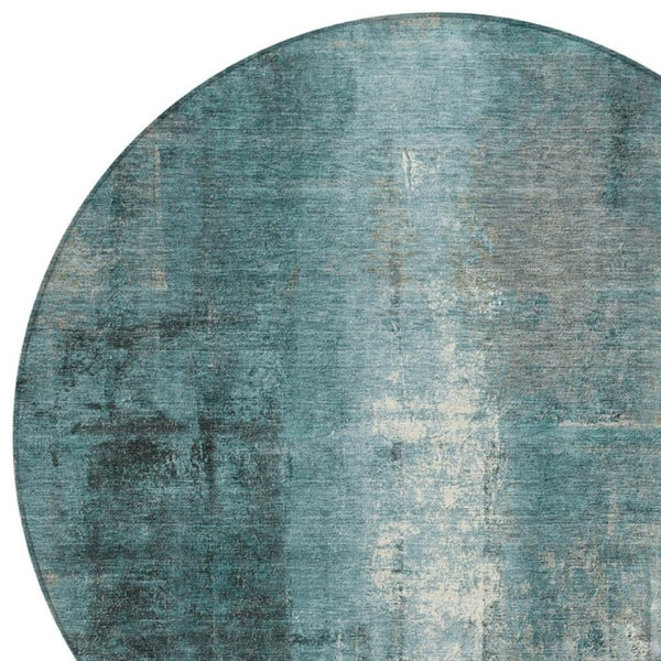 HomeRoots 5' Teal Blue and Ivory Abstract Area Rug - Durable, Washable, Indoor/Outdoor Design for Any Space 8' Round 628003