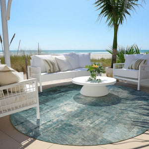 HomeRoots 5' Teal Blue and Ivory Abstract Area Rug - Durable, Washable, Indoor/Outdoor Design for Any Space 8' Round 628003
