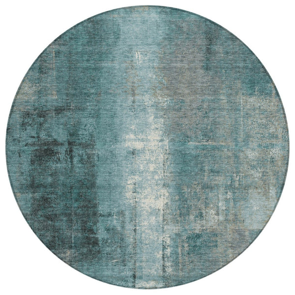 HomeRoots 5' Teal Blue and Ivory Abstract Area Rug - Durable, Washable, Indoor/Outdoor Design for Any Space 8' Round 628003