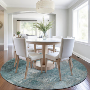 HomeRoots 5' Teal Blue and Ivory Abstract Area Rug - Durable, Washable, Indoor/Outdoor Design for Any Space 8' Round 628003