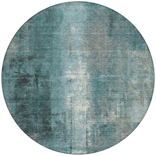 HomeRoots 5' Teal Blue and Ivory Abstract Area Rug - Durable, Washable, Indoor/Outdoor Design for Any Space 8' Round 628003