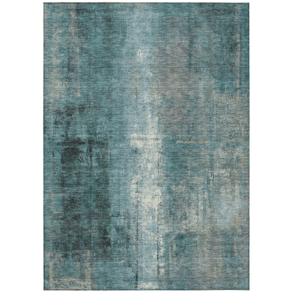 HomeRoots 5' Teal Blue and Ivory Abstract Area Rug - Durable, Washable, Indoor/Outdoor Design for Any Space 9' X 12' 628005