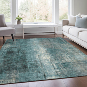 HomeRoots 5' Teal Blue and Ivory Abstract Area Rug - Durable, Washable, Indoor/Outdoor Design for Any Space 9' X 12' 628005