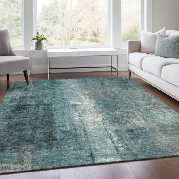 HomeRoots 5' Teal Blue and Ivory Abstract Area Rug - Durable, Washable, Indoor/Outdoor Design for Any Space 9' X 12' 628005