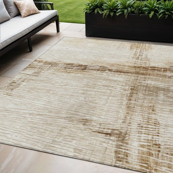 HomeRoots 5' Durable Striped Indoor Outdoor Area Rug - Classic Ivory and Beige, Easy Care for Any Space 5' X 8' 628020