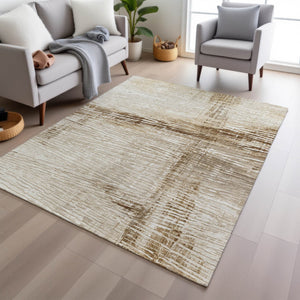 HomeRoots 5' Durable Striped Indoor Outdoor Area Rug - Classic Ivory and Beige, Easy Care for Any Space 5' X 8' 628020