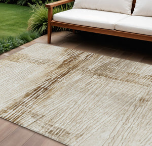 HomeRoots 5' Durable Striped Indoor Outdoor Area Rug - Classic Ivory and Beige, Easy Care for Any Space 10' X 14' 628024