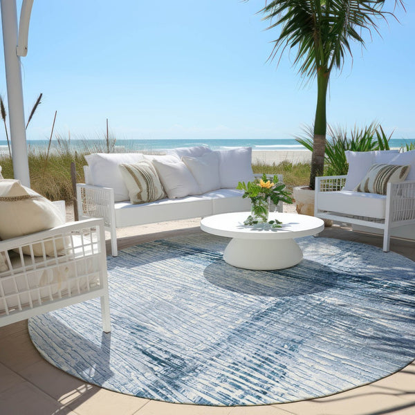 HomeRoots 5' Durable Sky Blue and Ivory Striped Area Rug - Perfect for Indoor and Outdoor Spaces, Easy Care! 8' Round 628033