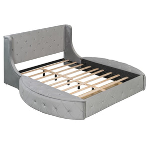 English Elm Upholstered Queen Platform Bed Velvet Wingback Frame with Storage Drawer and Side Stools Gray LP200815AAE