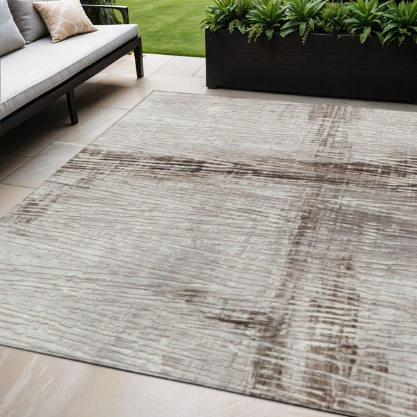 HomeRoots 5' Durable Taupe and Ivory Striped Washable Area Rug for Indoor and Outdoor Use – Easy Care! 5' X 8' 628038