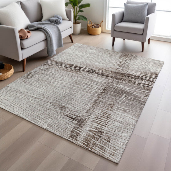 HomeRoots 5' Durable Taupe and Ivory Striped Washable Area Rug for Indoor and Outdoor Use – Easy Care! 5' X 8' 628038