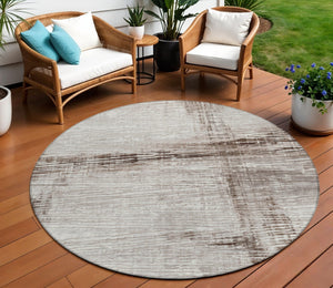 HomeRoots 5' Durable Taupe and Ivory Striped Washable Area Rug for Indoor and Outdoor Use – Easy Care! 8' Round 628039