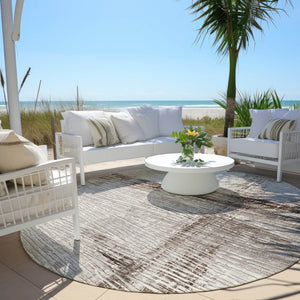 HomeRoots 5' Durable Taupe and Ivory Striped Washable Area Rug for Indoor and Outdoor Use – Easy Care! 8' Round 628039