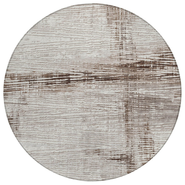 HomeRoots 5' Durable Taupe and Ivory Striped Washable Area Rug for Indoor and Outdoor Use – Easy Care! 8' Round 628039
