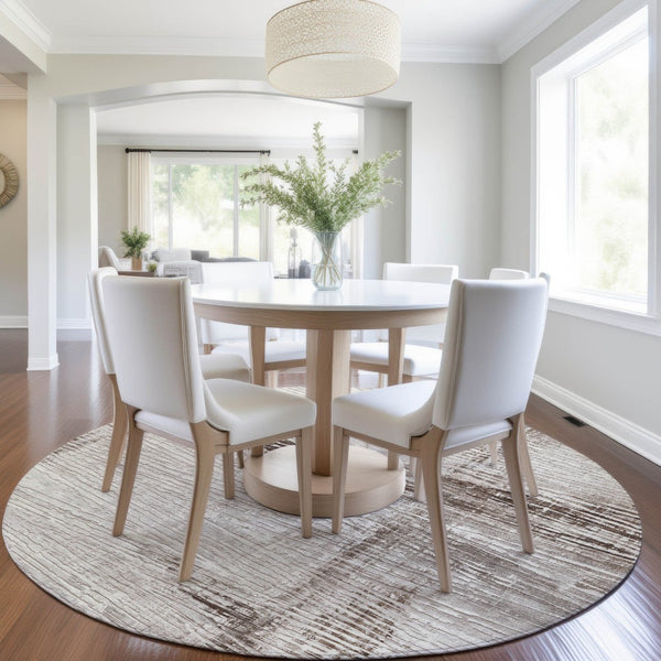 HomeRoots 5' Durable Taupe and Ivory Striped Washable Area Rug for Indoor and Outdoor Use – Easy Care! 8' Round 628039