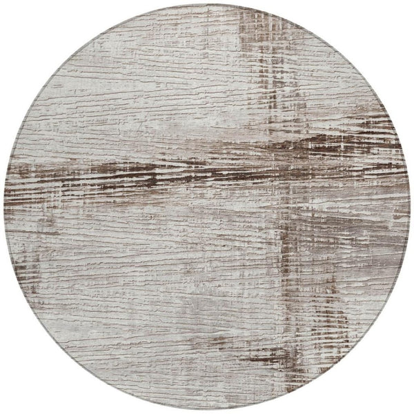 HomeRoots 5' Durable Taupe and Ivory Striped Washable Area Rug for Indoor and Outdoor Use – Easy Care! 8' Round 628039