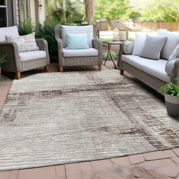 HomeRoots 5' Durable Taupe and Ivory Striped Washable Area Rug for Indoor and Outdoor Use – Easy Care! 8' X 10' 628040