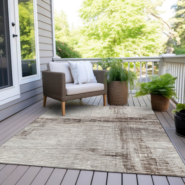 HomeRoots 5' Durable Taupe and Ivory Striped Washable Area Rug for Indoor and Outdoor Use – Easy Care! 8' X 10' 628040