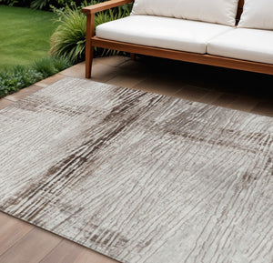HomeRoots 5' Durable Taupe and Ivory Striped Washable Area Rug for Indoor and Outdoor Use – Easy Care! 9' X 12' 628041