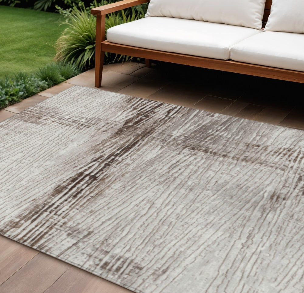 HomeRoots 5' Durable Taupe and Ivory Striped Washable Area Rug for Indoor and Outdoor Use – Easy Care! 10' X 14' 628042