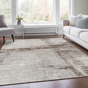 HomeRoots 5' Durable Taupe and Ivory Striped Washable Area Rug for Indoor and Outdoor Use – Easy Care! 10' X 14' 628042