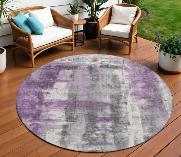 HomeRoots 5' Abstract Purple and Ivory Area Rug - Stylish, Washable, Indoor/Outdoor Decor for Any Space 8' Round 628057