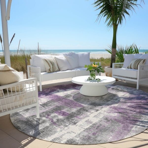 HomeRoots 5' Abstract Purple and Ivory Area Rug - Stylish, Washable, Indoor/Outdoor Decor for Any Space 8' Round 628057