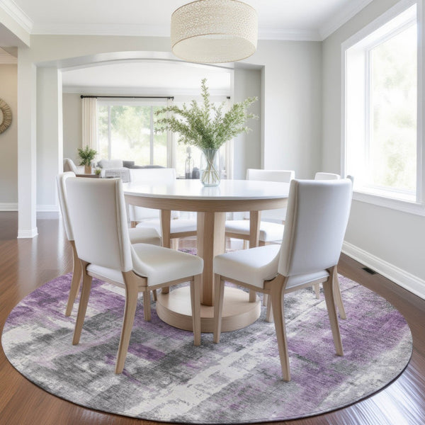 HomeRoots 5' Abstract Purple and Ivory Area Rug - Stylish, Washable, Indoor/Outdoor Decor for Any Space 8' Round 628057