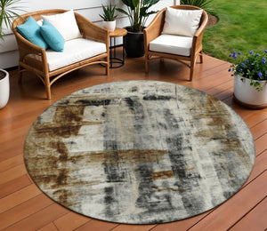 HomeRoots 5' Stylish Taupe and Ivory Abstract Washable Area Rug for Indoor and Outdoor High-Traffic Spaces 8' Round 628069