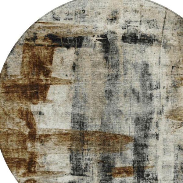 HomeRoots 5' Stylish Taupe and Ivory Abstract Washable Area Rug for Indoor and Outdoor High-Traffic Spaces 8' Round 628069
