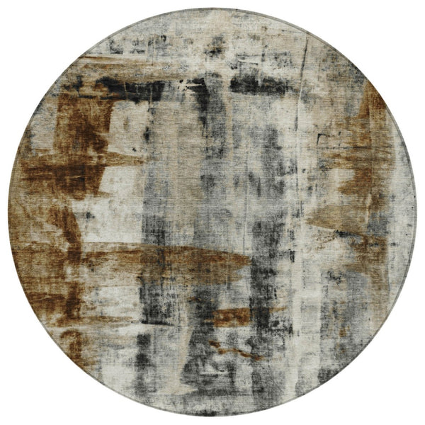 HomeRoots 5' Stylish Taupe and Ivory Abstract Washable Area Rug for Indoor and Outdoor High-Traffic Spaces 8' Round 628069