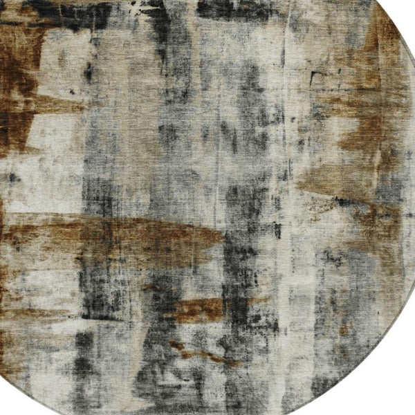 HomeRoots 5' Stylish Taupe and Ivory Abstract Washable Area Rug for Indoor and Outdoor High-Traffic Spaces 8' Round 628069