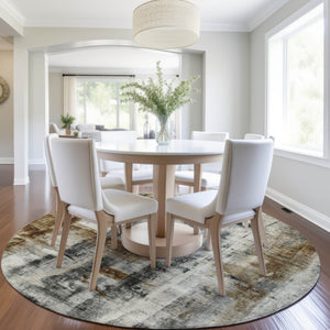HomeRoots 5' Stylish Taupe and Ivory Abstract Washable Area Rug for Indoor and Outdoor High-Traffic Spaces 8' Round 628069