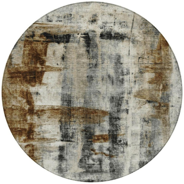 HomeRoots 5' Stylish Taupe and Ivory Abstract Washable Area Rug for Indoor and Outdoor High-Traffic Spaces 8' Round 628069