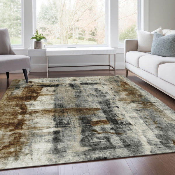 HomeRoots 5' Stylish Taupe and Ivory Abstract Washable Area Rug for Indoor and Outdoor High-Traffic Spaces 8' X 10' 628070