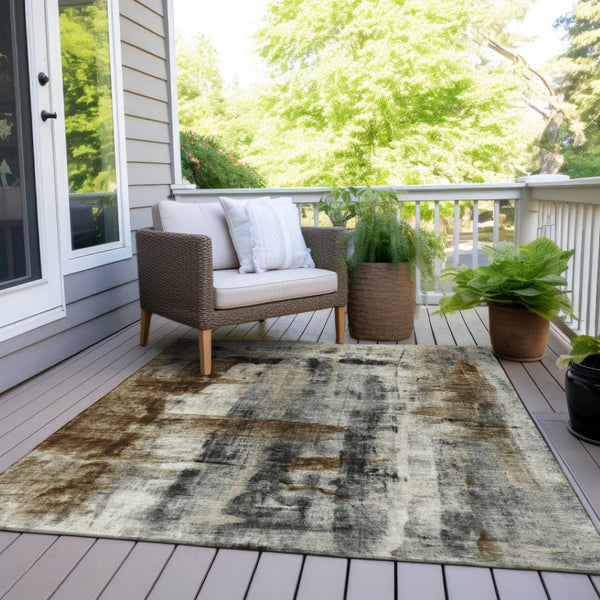 HomeRoots 5' Stylish Taupe and Ivory Abstract Washable Area Rug for Indoor and Outdoor High-Traffic Spaces 9' X 12' 628071