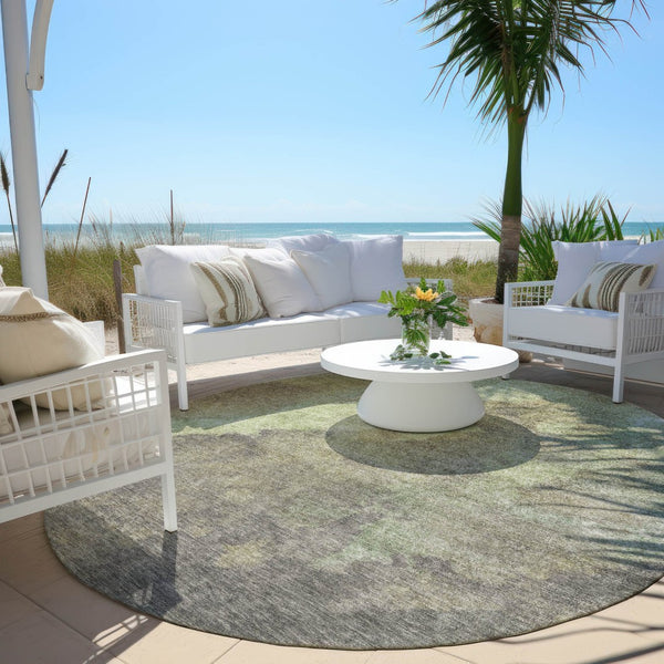 HomeRoots 5' Abstract Artichoke Green & Taupe Area Rug - Stylish, Washable & Durable for Indoor/Outdoor Use 8' Round 628075
