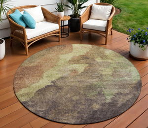 HomeRoots 5' Abstract Area Rug in Brown and Fern Green - Durable, Washable, Perfect for Indoor and Outdoor Use 8' Round 628099