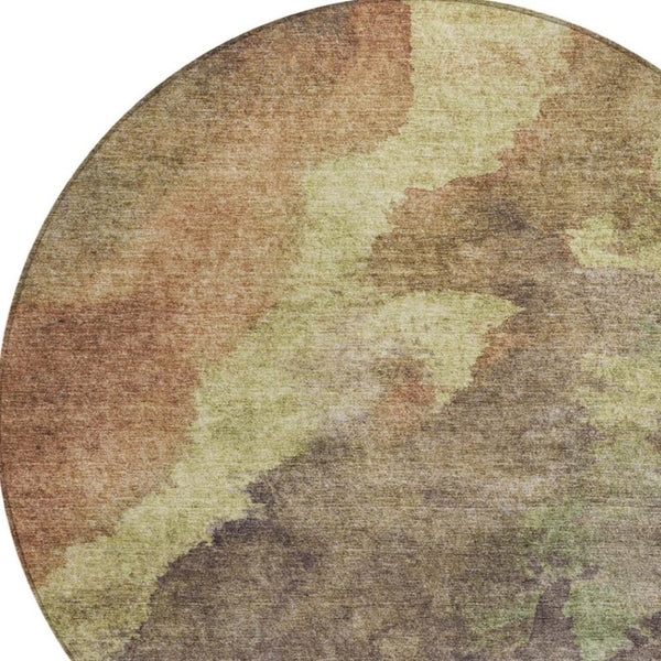 HomeRoots 5' Abstract Area Rug in Brown and Fern Green - Durable, Washable, Perfect for Indoor and Outdoor Use 8' Round 628099