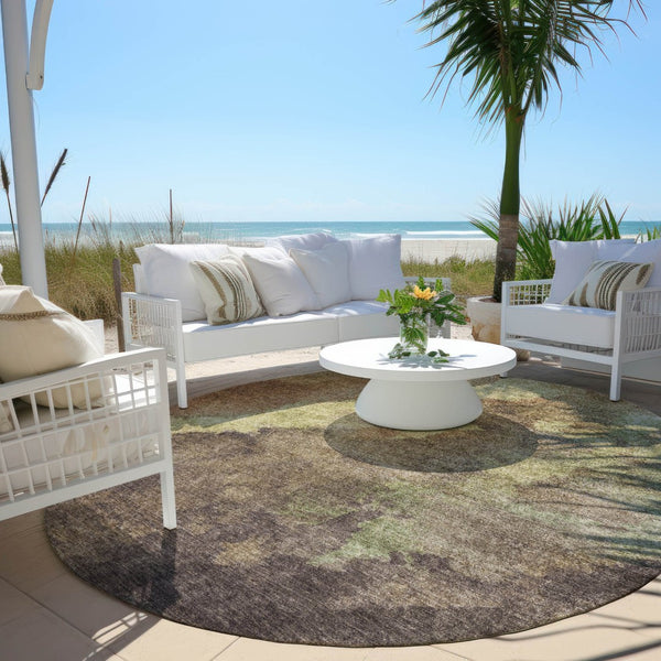 HomeRoots 5' Abstract Area Rug in Brown and Fern Green - Durable, Washable, Perfect for Indoor and Outdoor Use 8' Round 628099