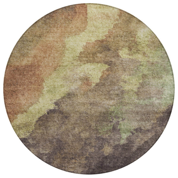 HomeRoots 5' Abstract Area Rug in Brown and Fern Green - Durable, Washable, Perfect for Indoor and Outdoor Use 8' Round 628099
