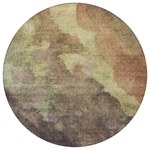 HomeRoots 5' Abstract Area Rug in Brown and Fern Green - Durable, Washable, Perfect for Indoor and Outdoor Use 8' Round 628099