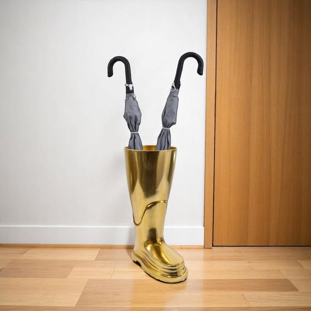 HomeRoots 16" Gold Aluminum Firefighter Boot Umbrella Stand - Elegant Decor, Versatile Use & Artisan Finish 628122