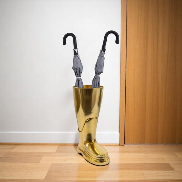 HomeRoots 16" Gold Aluminum Firefighter Boot Umbrella Stand - Elegant Decor, Versatile Use & Artisan Finish 628122
