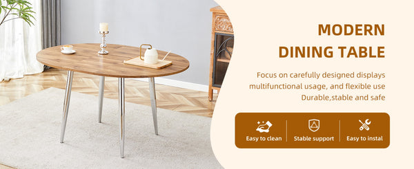 English Elm With Retractable Leaf Round Oval Mdf Top and Sleek Metal Legs Modern Dining Table Silver,Wood W1151S03944
