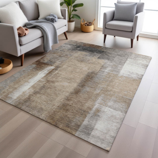 HomeRoots 5' Stylish Beige and Ivory Abstract Washable Area Rug for Indoor and Outdoor Spaces, Durable Design 5' X 8' 628153