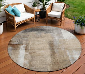 HomeRoots 5' Stylish Beige and Ivory Abstract Washable Area Rug for Indoor and Outdoor Spaces, Durable Design 8' Round 628154