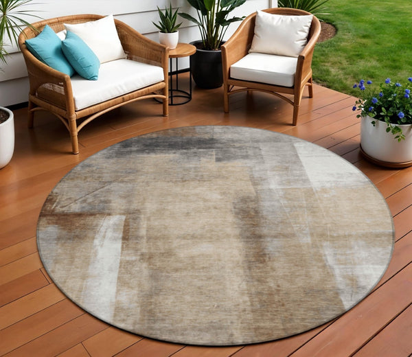 HomeRoots 5' Stylish Beige and Ivory Abstract Washable Area Rug for Indoor and Outdoor Spaces, Durable Design 8' Round 628154