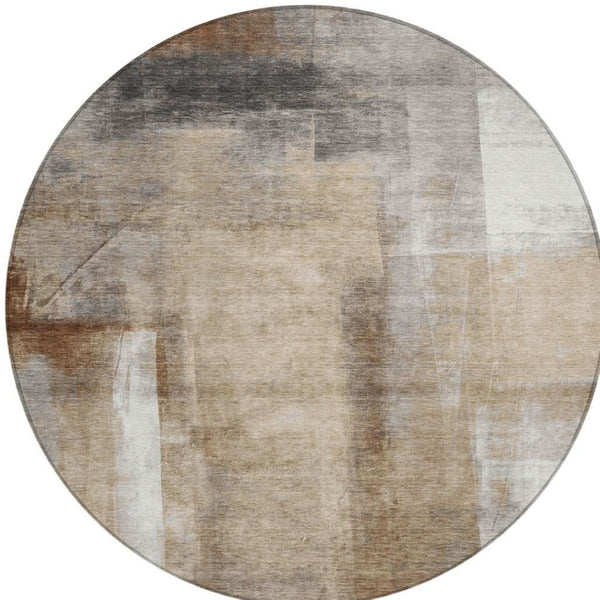 HomeRoots 5' Stylish Beige and Ivory Abstract Washable Area Rug for Indoor and Outdoor Spaces, Durable Design 8' Round 628154