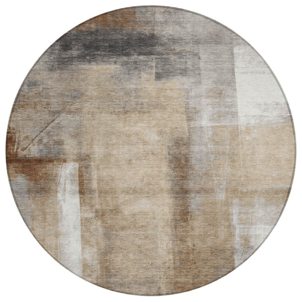 HomeRoots 5' Stylish Beige and Ivory Abstract Washable Area Rug for Indoor and Outdoor Spaces, Durable Design 8' Round 628154